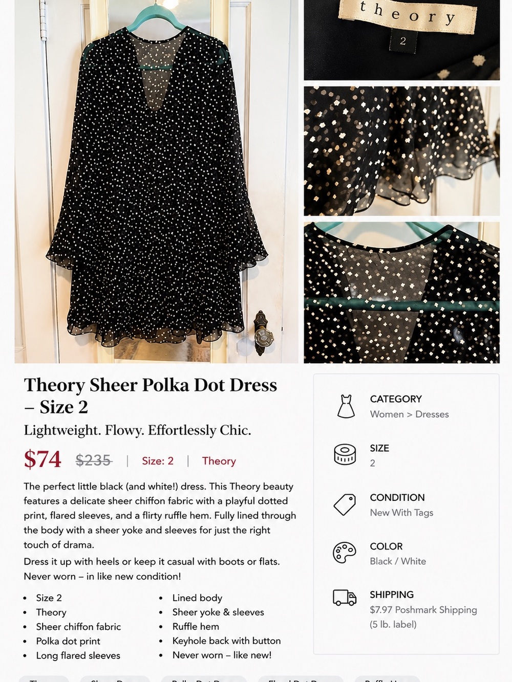 Theory Black and White Polka Dot Sheer Dress
